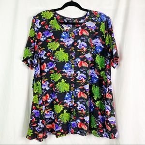 Vintage 80’s Black Bright Floral Print Swing Button Down Top XXL